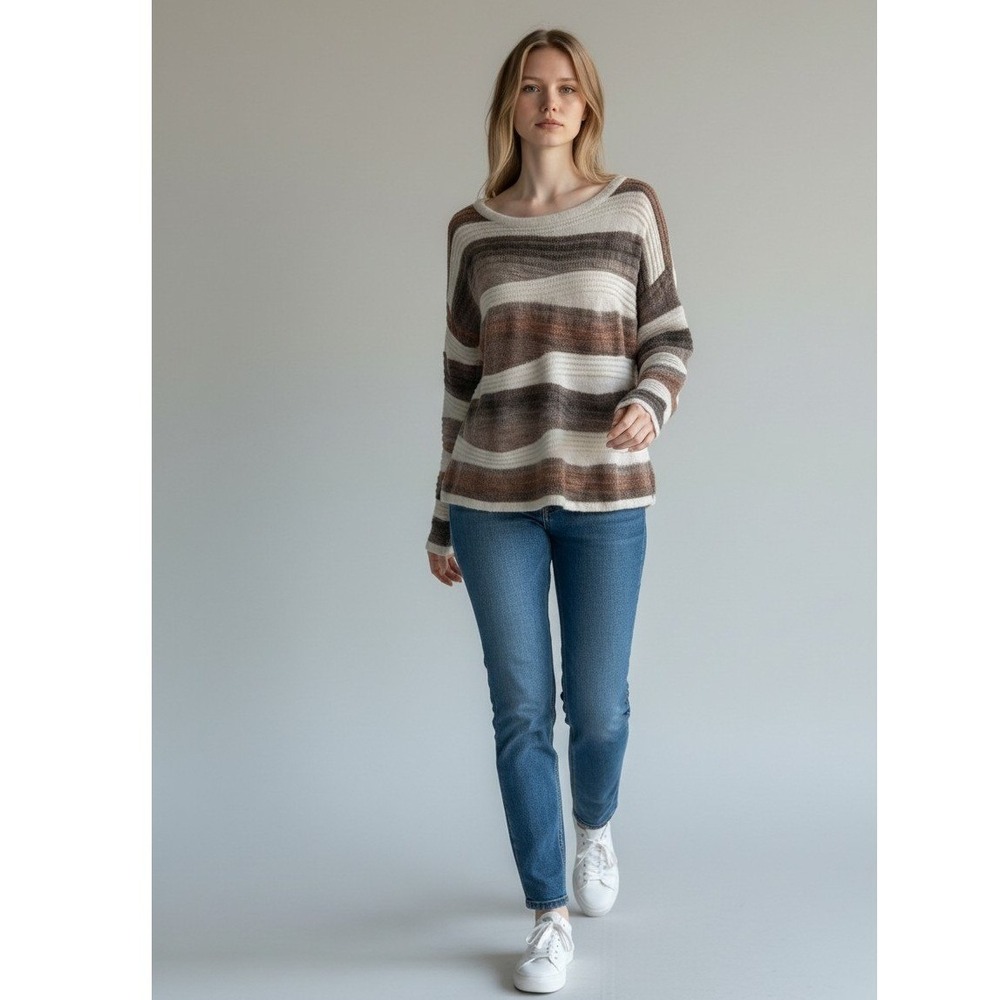 Strut & Bolt Striped Fuzzy Knit Sweater Brown Tan Cream Women's Size L